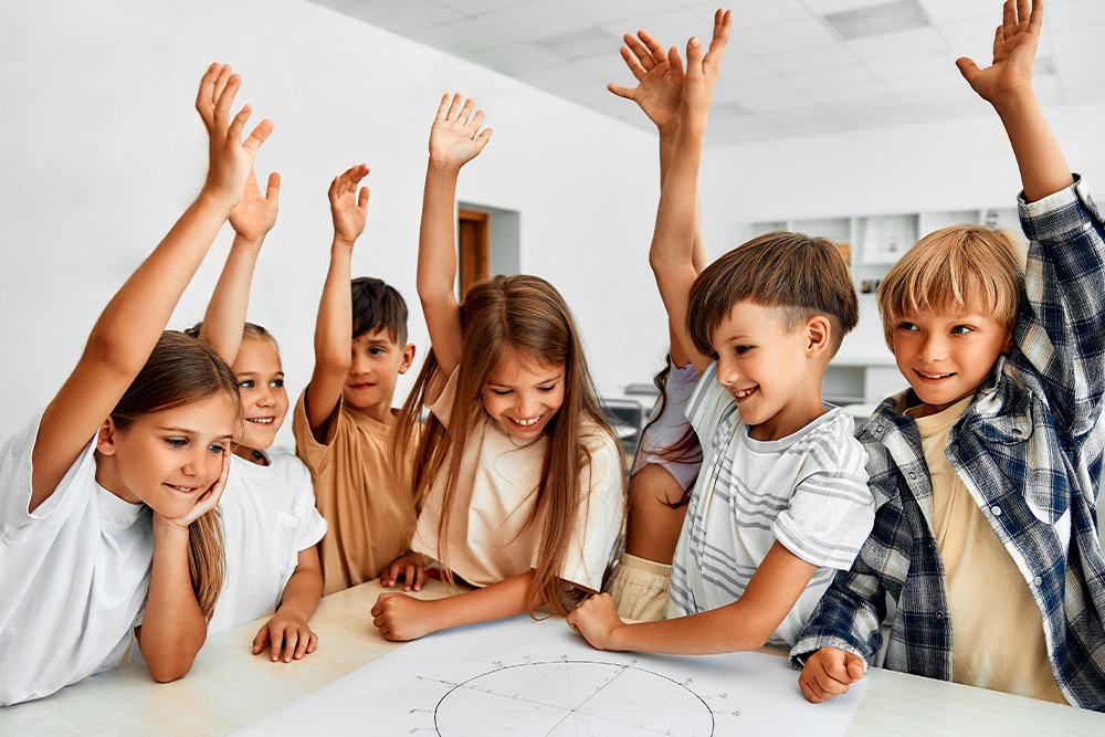 Academic Assessment, image of kids raising their hands in class.